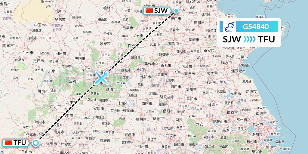 G54840 China Express Airlines Flight Map: Shijiazhuang to Chengdu
