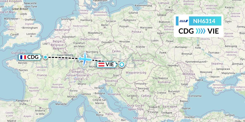 NH6314 All Nippon Airways Flight Map: Paris to Vienna