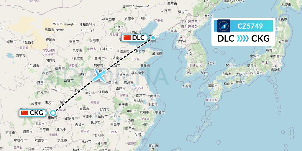 CZ5749 China Southern Airlines Flight Map: Dalian to Chongqing