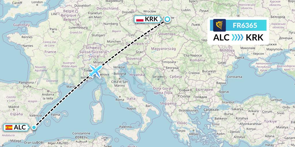 FR6365 Ryanair Flight Map: Alicante to Krakow