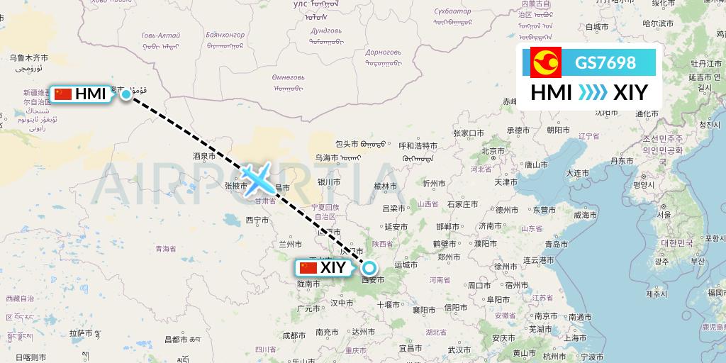 GS7698 Tianjin Airlines Flight Map: Hami City to Xi'an