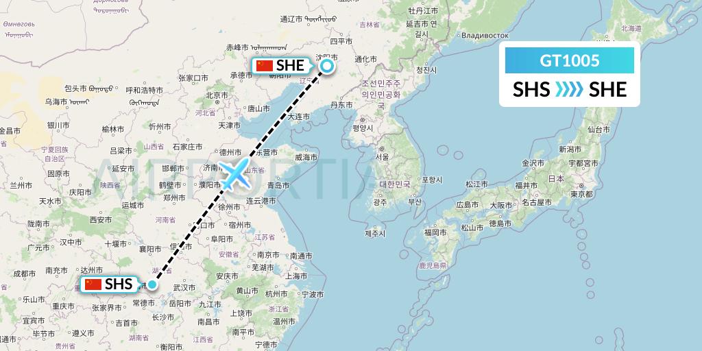 GT1005 Air Guilin Flight Map: Shashi to Shenyang