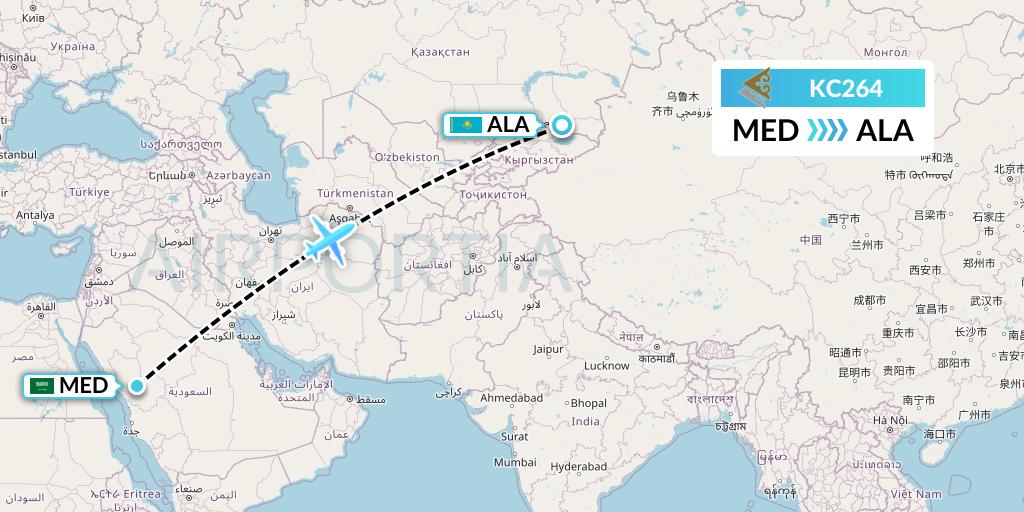 KC264 Air Astana Flight Map: Medina to Almaty