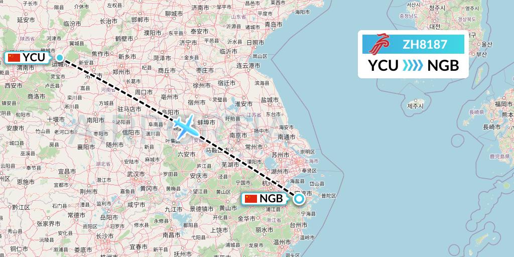 ZH8187 Shenzhen Airlines Flight Map: Yuncheng to Ningbo