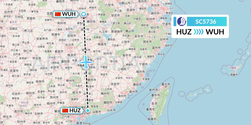 SC5736 Shandong Airlines Flight Map: Huizhou to Wuhan