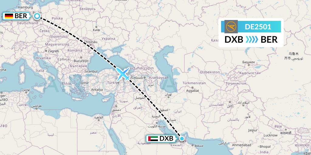 DE2501 Condor Flight Map: Dubai to Berlin