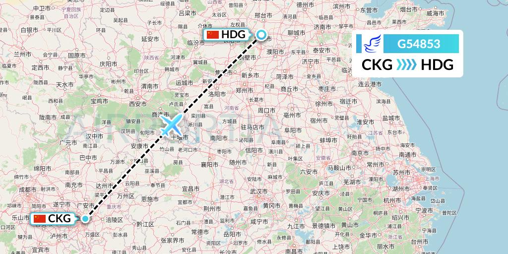 G54853 China Express Airlines Flight Map: Chongqing to Handan