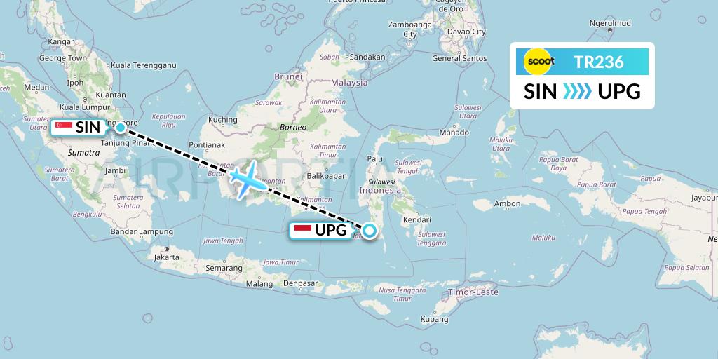 TR236 Tigerair Flight Map: Singapore to Makassar