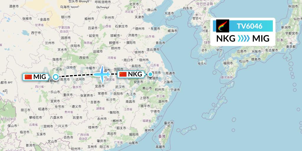 TV6046 Tibet Airlines Flight Map: Nanjing to Mianyang