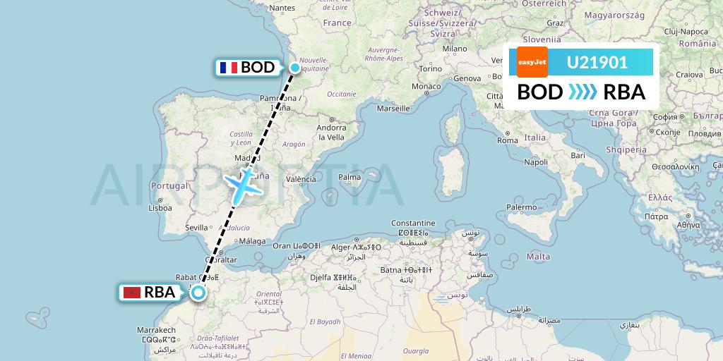 U21901 EasyJet Flight Map: Bordeaux to Rabat