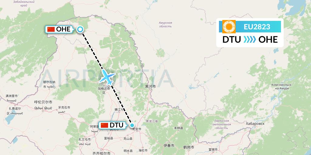 EU2823 Chengdu Airlines Flight Map: Mianyang to Mohe