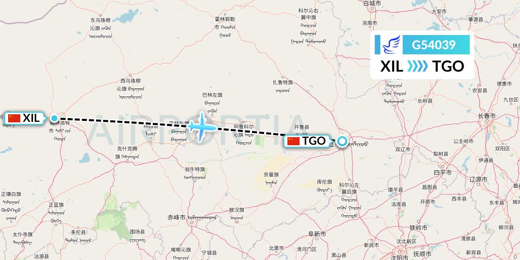 G54039 China Express Airlines Flight Map: Xilinhot to Tongliao