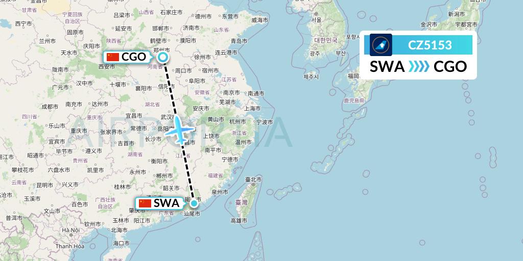 CZ5153 China Southern Airlines Flight Map: Jieyang to Zhengzhou