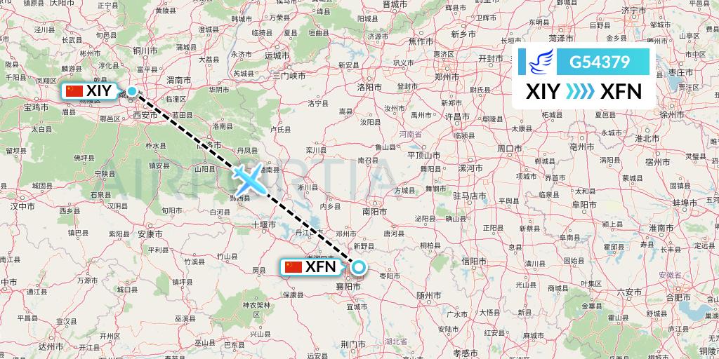 G54379 China Express Airlines Flight Map: Xi'an to Xiangyang