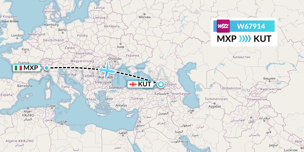 W67914 Wizz Air Flight Map: Milan to Kutaisi