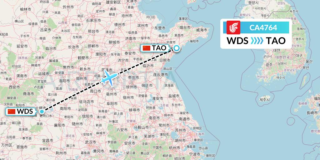 CA4764 Air China Flight Map: Shiyan to Qingdao