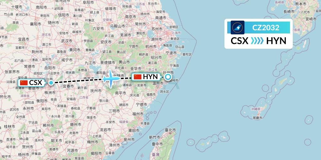 CZ2032 China Southern Airlines Flight Map: Changsha to Huangyan