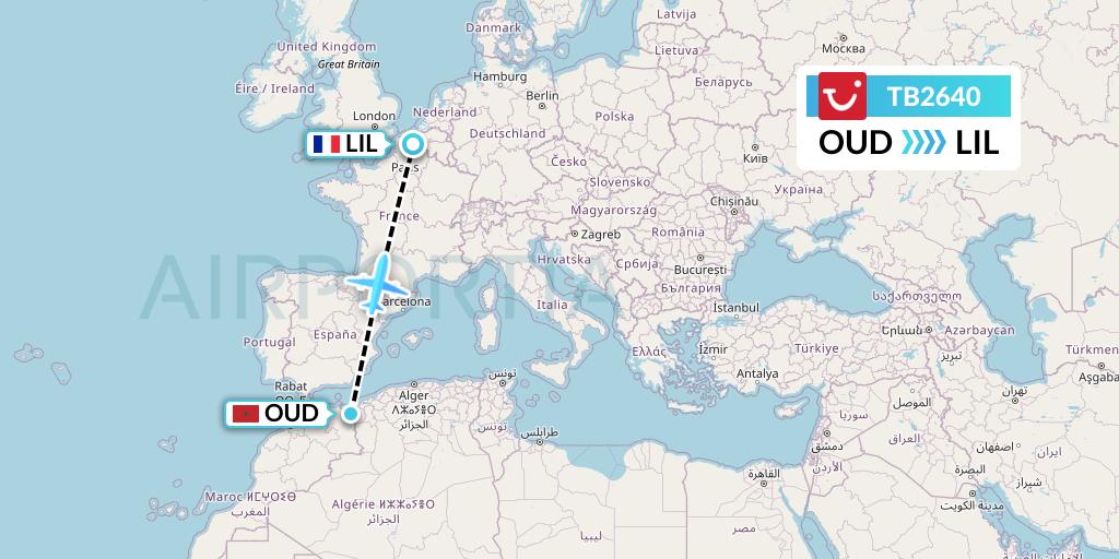 TB2640 TUI fly Belgium Flight Map: Oujda to Lille