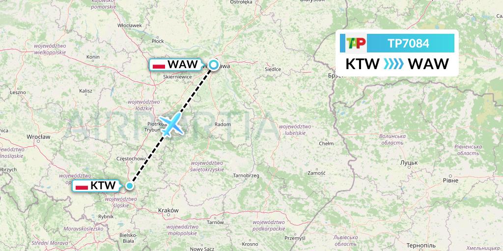 TP7084 TAP Portugal Flight Map: Katowice to Warsaw