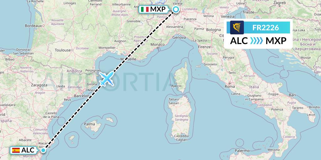FR2226 Ryanair Flight Map: Alicante to Milan