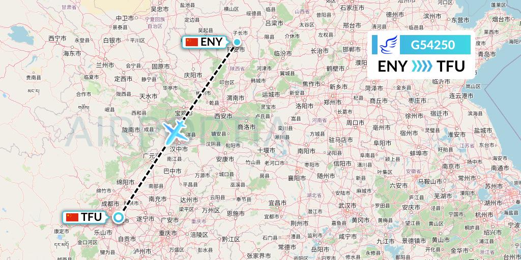 G54250 China Express Airlines Flight Map: Yan'an to Chengdu