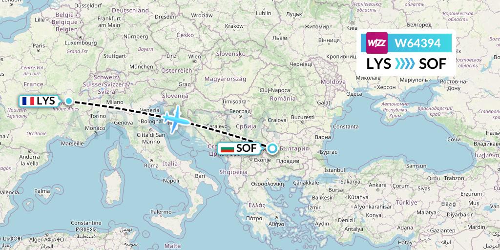 W64394 Wizz Air Flight Map: Lyon to Sofia