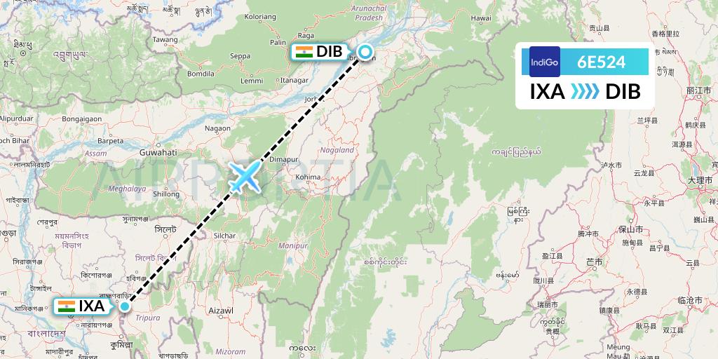 6E524 IndiGo Airlines Flight Map: Agartala to Dibrugarh
