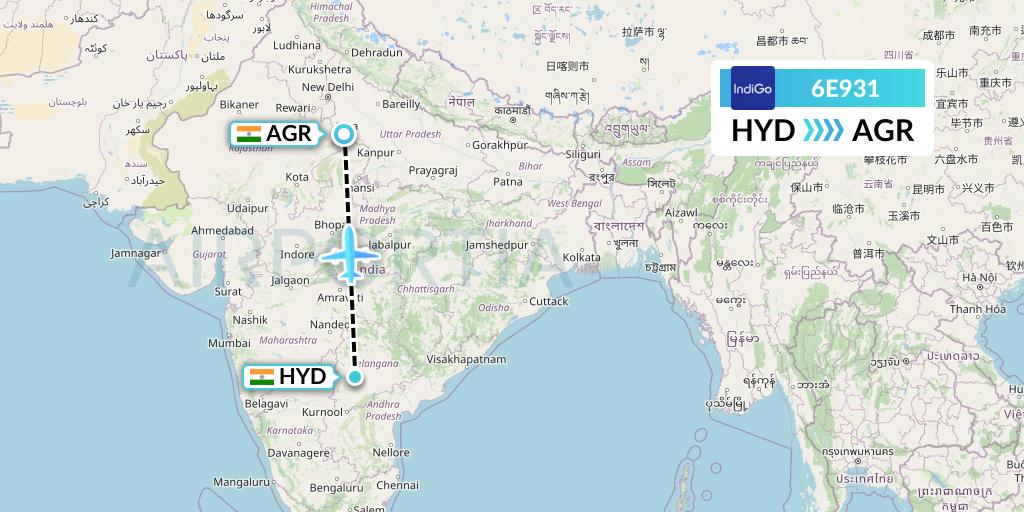 6E931 IndiGo Airlines Flight Map: Hyderabad to Agra