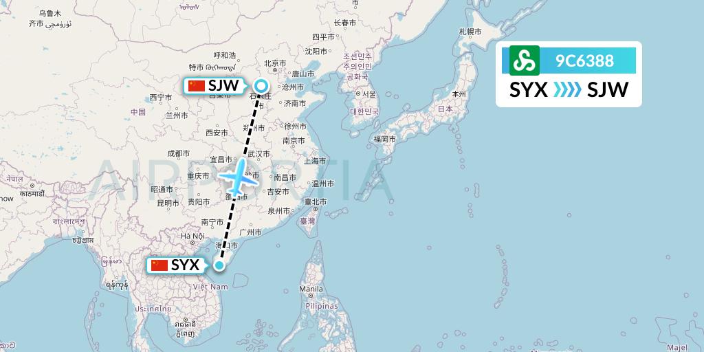 9C6388 Spring Airlines Flight Map: Sanya to Shijiazhuang