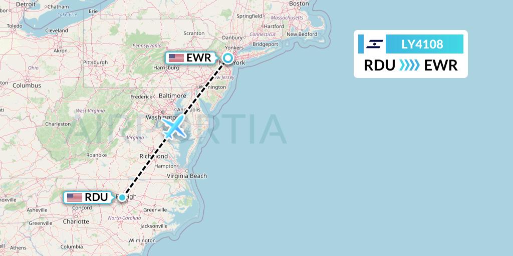 LY4108 El Al Flight Map: Raleigh-Durham to New York