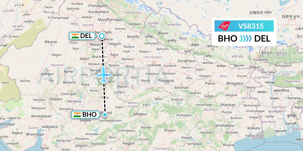 VS8315 Virgin Atlantic Airways Flight Map: Bhopal to Delhi