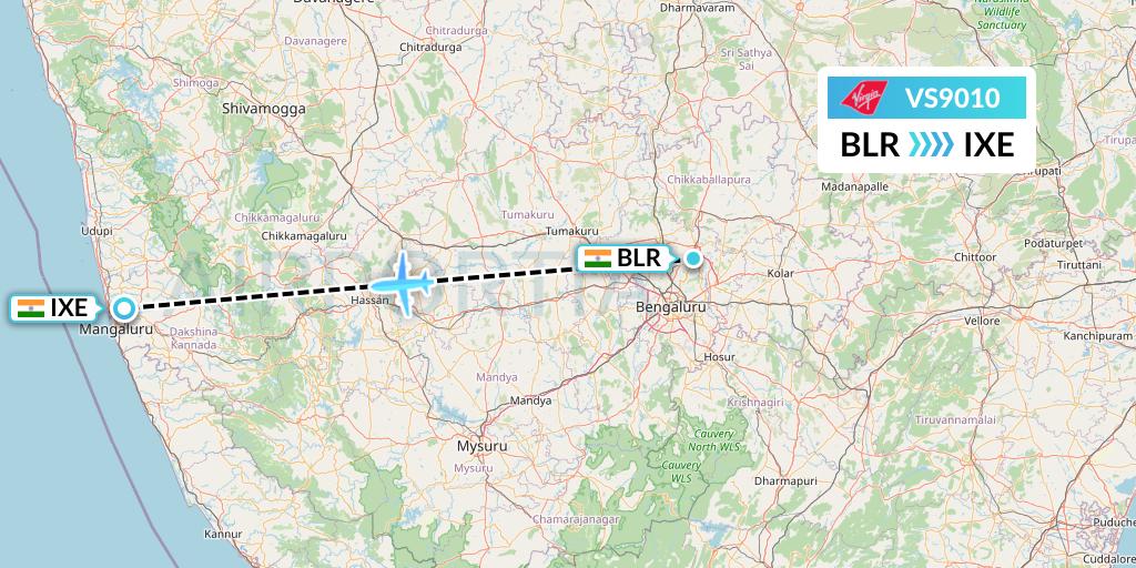 VS9010 Virgin Atlantic Airways Flight Map: Bangalore to Mangalore