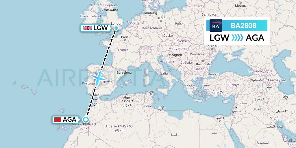 BA2808 British Airways Flight Map: London to Agadir