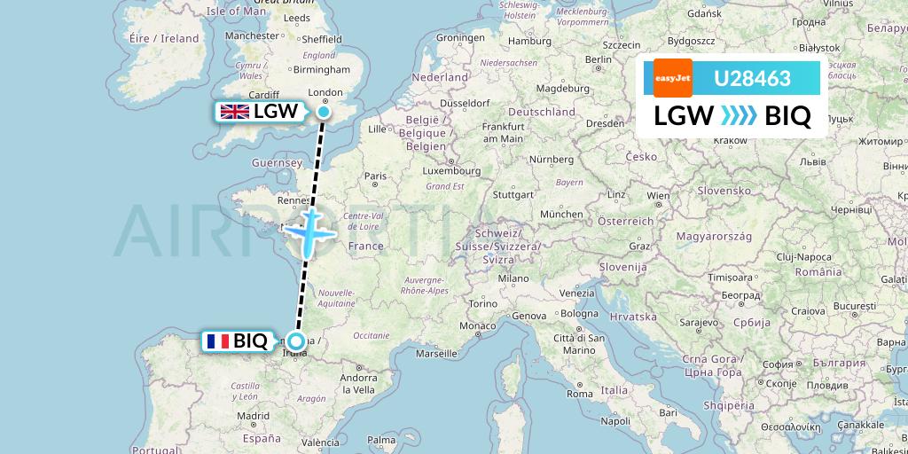 U28463 easyJet Flight Map: London to Biarritz