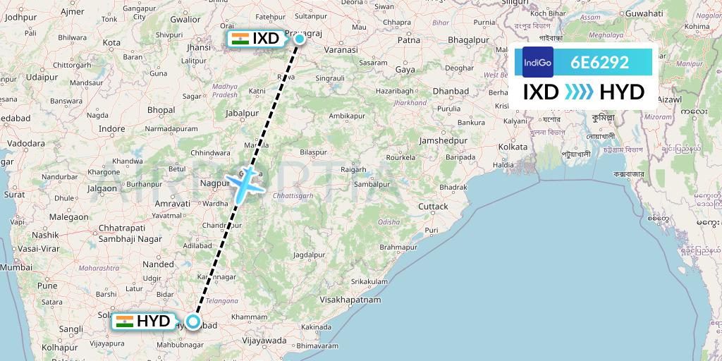 6E6292 IndiGo Airlines Flight Map: Allahabad to Hyderabad
