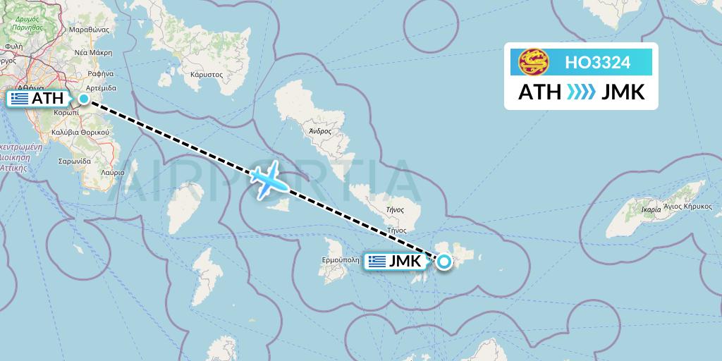 HO3324 Juneyao Airlines Flight Map: Athens to Mykonos