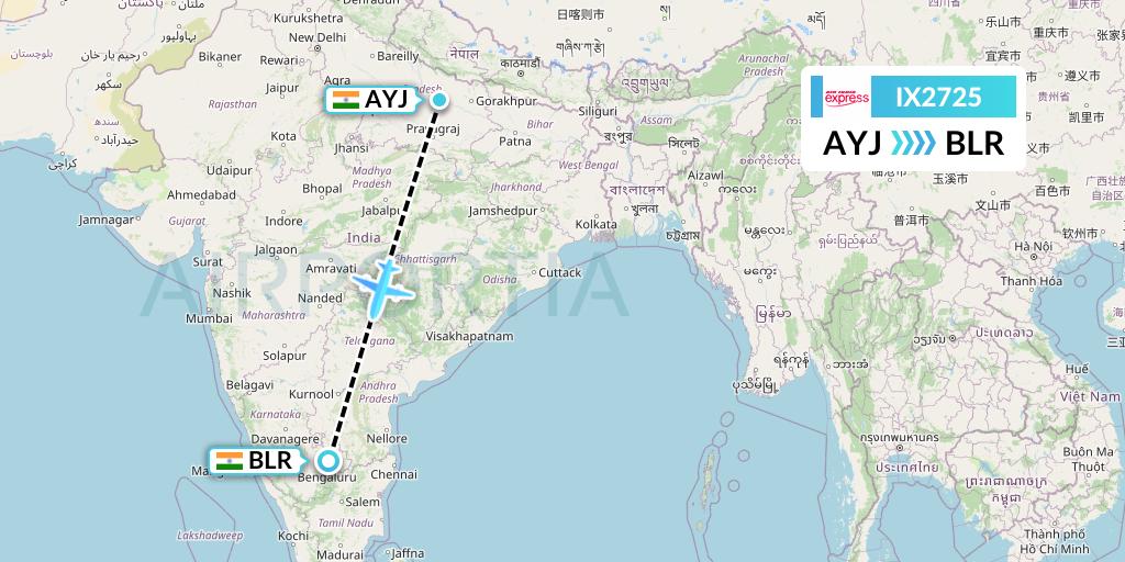 IX2725 Air India Express Flight Map: Lucknow to Bangalore