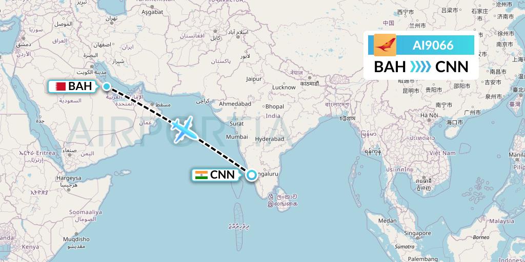 AI9066 Air India Flight Map: Bahrain to Mattannur