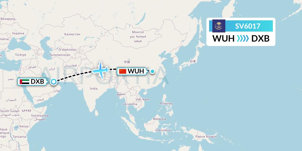 SV6017 Saudi Arabian Airlines Flight Map: Wuhan to Dubai