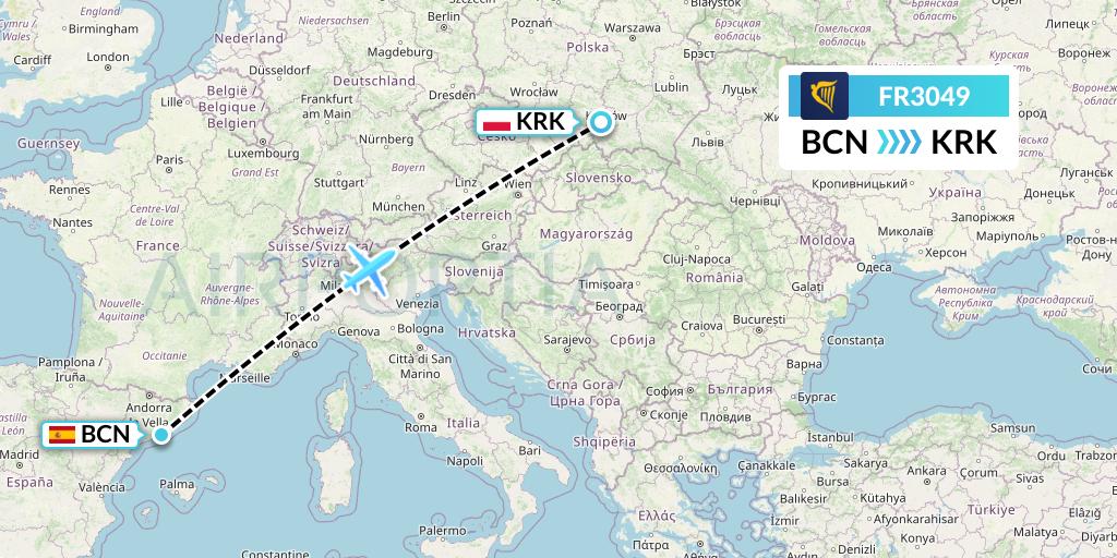 FR3049 Ryanair Flight Map: Barcelona to Krakow