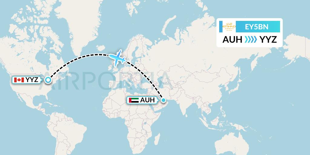 EY5BN Etihad Airways Flight Map: Abu Dhabi to Toronto