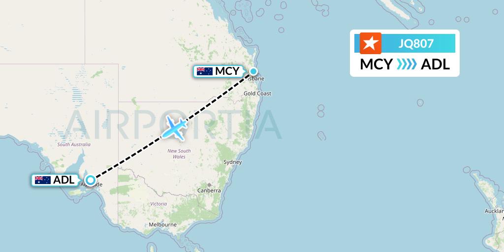 JQ807 Jetstar Airways Flight Map: Sunshine Coast to Adelaide
