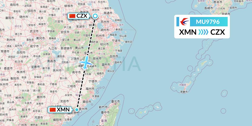 MU9796 China Eastern Airlines Flight Map: Xiamen to Changzhou