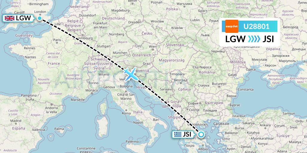 U28801 easyJet Flight Map: London to Skiathos