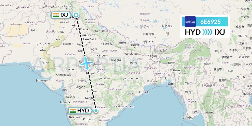 6E6925 IndiGo Airlines Flight Map: Hyderabad to Jammu