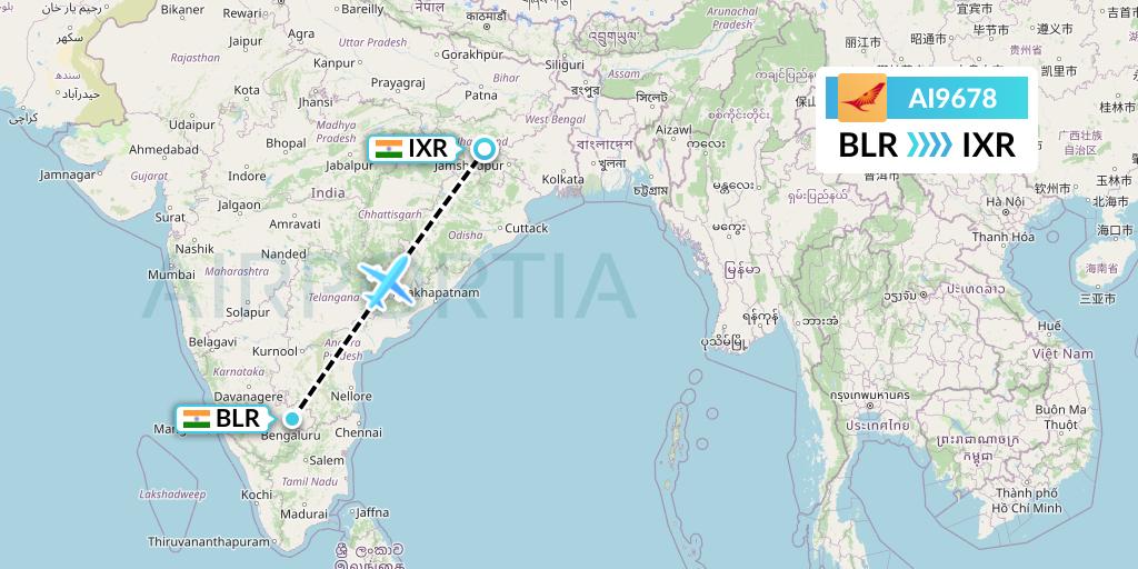 AI9678 Air India Flight Map: Bangalore to Ranchi