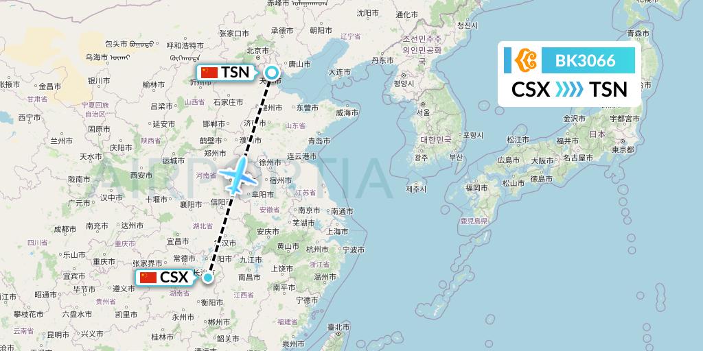 BK3066 Okay Airways Flight Map: Changsha to Tianjin