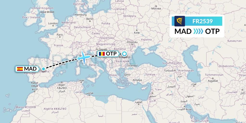 FR2539 Ryanair Flight Map: Madrid to Bucharest