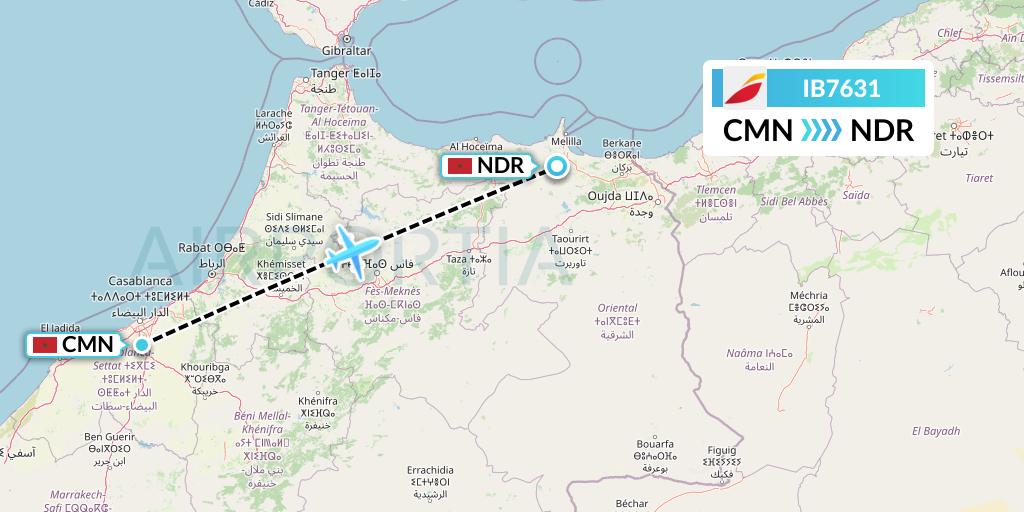 IB7631 Iberia Flight Map: Casablanca to Nador