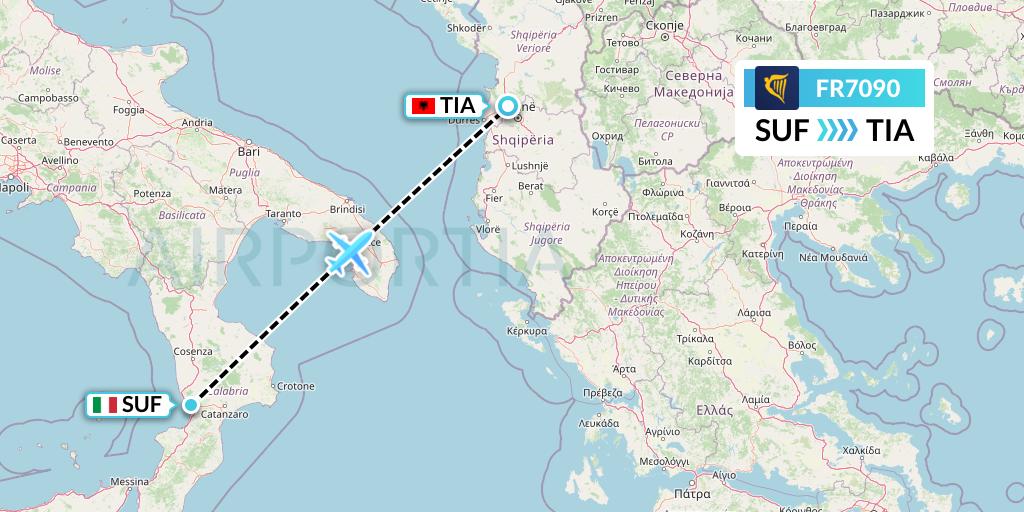 FR7090 Ryanair Flight Map: Lamezia Terme to Tirana